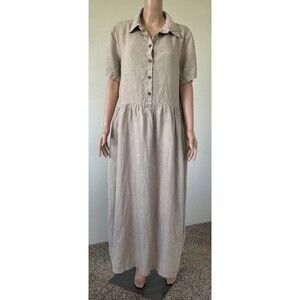Sauths 100% Linen Pullover Beige Short Sleeve Midi Dress Size Large